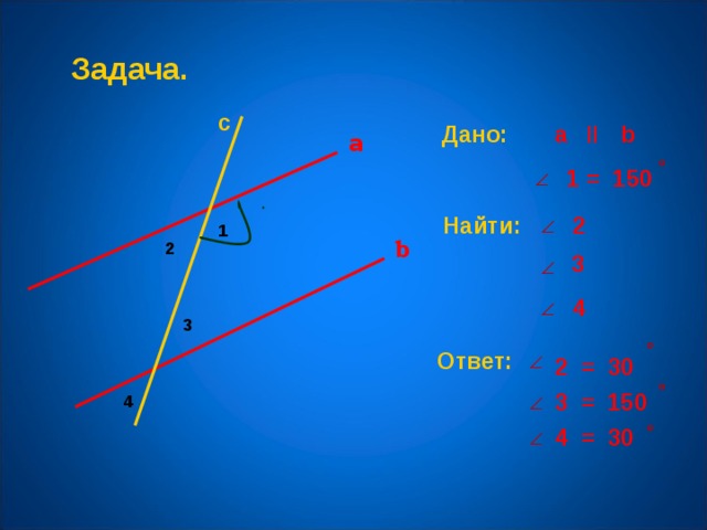 Задача. с Дано:  a  b  a 1 = 150 2 Найти: 1 b 2 3 4 3 Ответ: 2 = 30  3 = 150 4 4 = 30