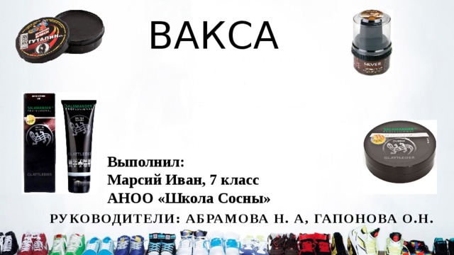  ВАКСА Выполнил: Марсий Иван, 7 класс Выполнил: Марсий Иван, 7 класс АНОО «Школа Сосны»  руководители: Абрамова Н. А, Гапонова О.Н.  