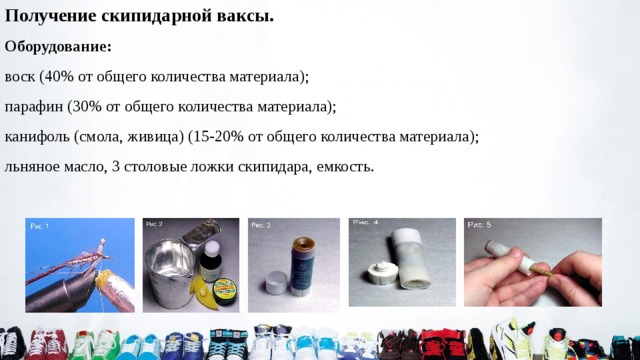 Получение скипидарной ваксы. Оборудование:  воск (40% от общего количества материала); парафин (30% от общего количества материала); канифоль (смола, живица) (15-20% от общего количества материала); льняное масло, 3 столовые ложки скипидара, емкость. 