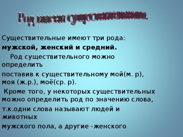 Существительные имеют три рода: мужской, женский и средний.  Род существительного можно определить поставив к существительному мой(м. р), моя (ж.р.), моё(ср. р).  Кроме того, у некоторых существительных можно определить род по значению слова, т.к.одни слова называют людей и животных мужского пола, а другие -женского 