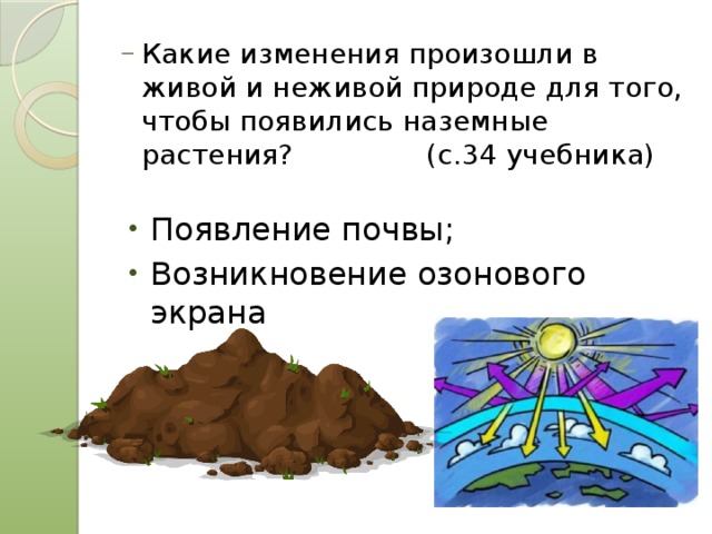 Какие изменения произошли в живой и неживой природе для того, чтобы появились наземные растения? (с.34 учебника) Появление почвы; Возникновение озонового экрана 