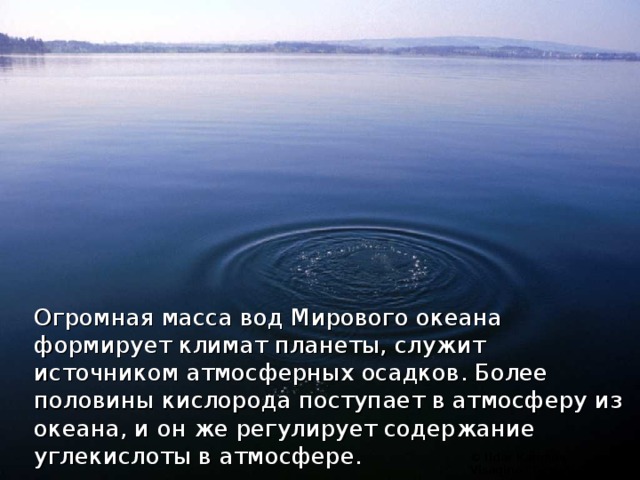 Огромная масса вод Мирового океана формирует климат планеты, служит источником атмосферных осадков. Более половины кислорода поступает в атмосферу из океана, и он же регулирует содержание углекислоты в атмосфере. © Ildar Karimov, Visagino “Geriosios vilties” secondary school 