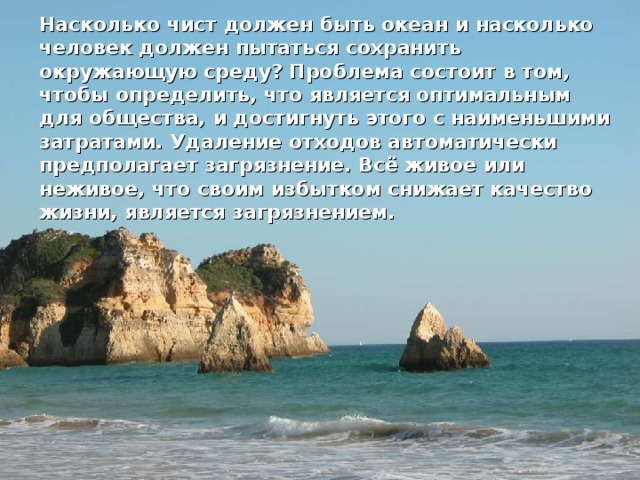 Насколько чист должен быть океан и насколько человек должен пытаться сохранить окружающую среду? Проблема состоит в том, чтобы определить, что является оптимальным для общества, и достигнуть этого с наименьшими затратами. Удаление отходов автоматически предполагает загрязнение. Всё живое или неживое, что своим избытком снижает качество жизни, является загрязнением. 