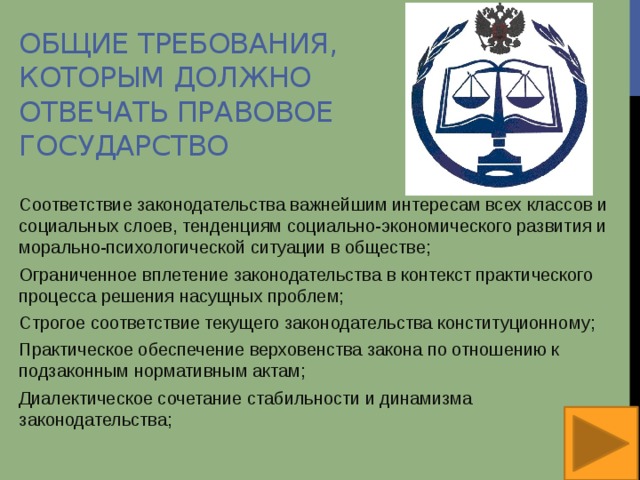 Общие требования, которым должно отвечать правовое государство Соответствие законодательства важнейшим интересам всех классов и социальных слоев, тенденциям социально-экономического развития и морально-психологической ситуации в обществе; Ограниченное вплетение законодательства в контекст практического процесса решения насущных проблем; Строгое соответствие текущего законодательства конституционному; Практическое обеспечение верховенства закона по отношению к подзаконным нормативным актам; Диалектическое сочетание стабильности и динамизма законодательства;  