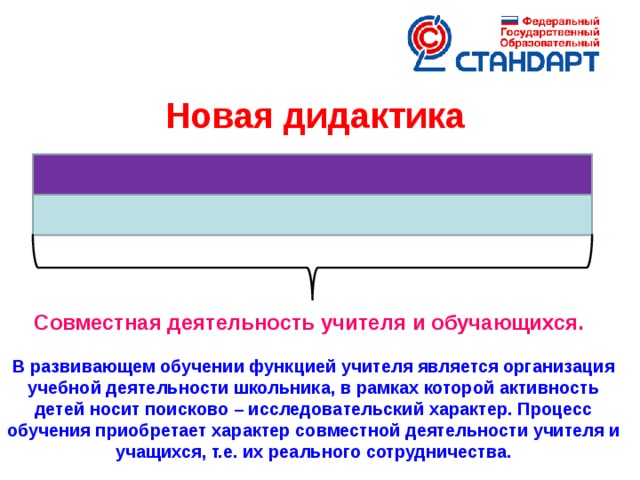 Новая дидактика Совместная деятельность учителя и обучающихся.  УУД - это система действий учащегося, обеспечивающая культурную идентичность, социальную компетентность, толерантность, способность к самостоятельному усвоению новых знаний и умений, включая организацию самостоятельной учебной деятельности.  Авторы стандартов второго поколения рассматривают УУД как обеспечение возможностей учащегося самостоятельно действовать при получении образования. В развивающем обучении функцией учителя является организация учебной деятельности школьника, в рамках которой активность детей носит поисково – исследовательский характер. Процесс обучения приобретает характер совместной деятельности учителя и учащихся, т.е. их реального сотрудничества.  