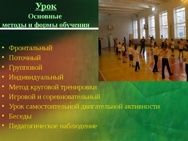 Урок  Основные  методы и формы обучения Фронтальный Поточный Групповой Индивидуальный Метод круговой тренировки Игровой и соревновательный Урок самостоятельной двигательной активности Беседы Педагогическое наблюдение  
