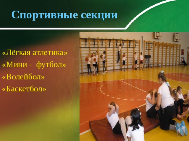Спортивные секции «Лёгкая атлетика» «Мини - футбол» «Волейбол» «Баскетбол» 