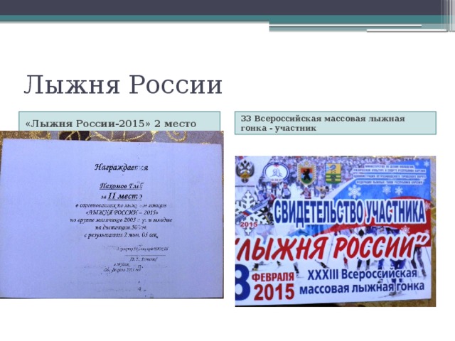 Лыжня России «Лыжня России-2015» 2 место 33 Всероссийская массовая лыжная гонка - участник 