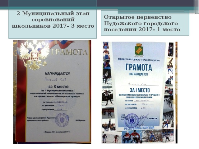 2 Муниципальный этап соревнований школьников 2017- 3 место Открытое первенство Пудожского городского поселения 2017- 1 место 