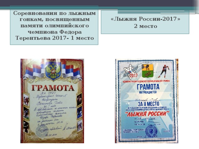 Соревнования по лыжным гонкам, посвященным памяти олимпийского чемпиона Федора Терентьева 2017- 1 место «Лыжня России-2017» 2 место 