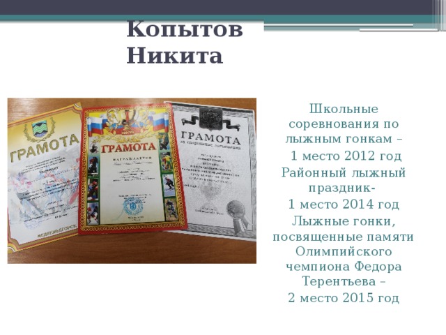 Копытов Никита Школьные соревнования по лыжным гонкам –  1 место 2012 год Районный лыжный праздник- 1 место 2014 год Лыжные гонки, посвященные памяти Олимпийского чемпиона Федора Терентьева – 2 место 2015 год 
