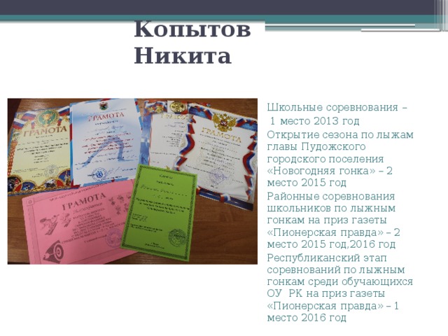 Копытов Никита Школьные соревнования –  1 место 2013 год Открытие сезона по лыжам главы Пудожского городского поселения «Новогодняя гонка» – 2 место 2015 год Районные соревнования школьников по лыжным гонкам на приз газеты «Пионерская правда» – 2 место 2015 год,2016 год Республиканский этап соревнований по лыжным гонкам среди обучающихся ОУ РК на приз газеты «Пионерская правда» – 1 место 2016 год 