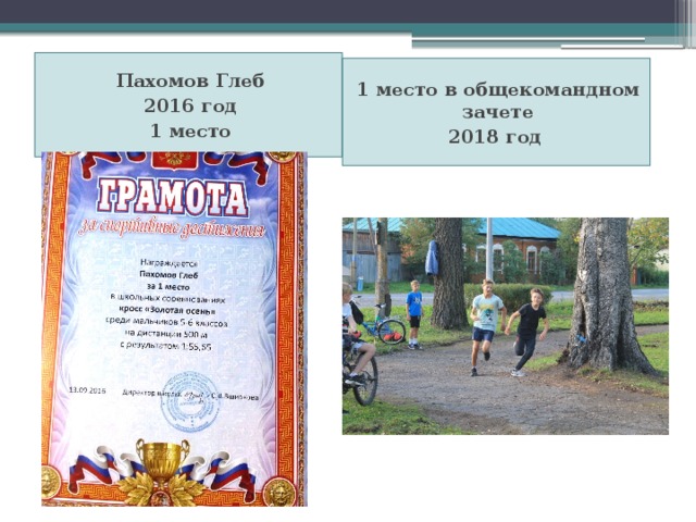 Пахомов Глеб 2016 год 1 место 1 место в общекомандном зачете 2018 год 