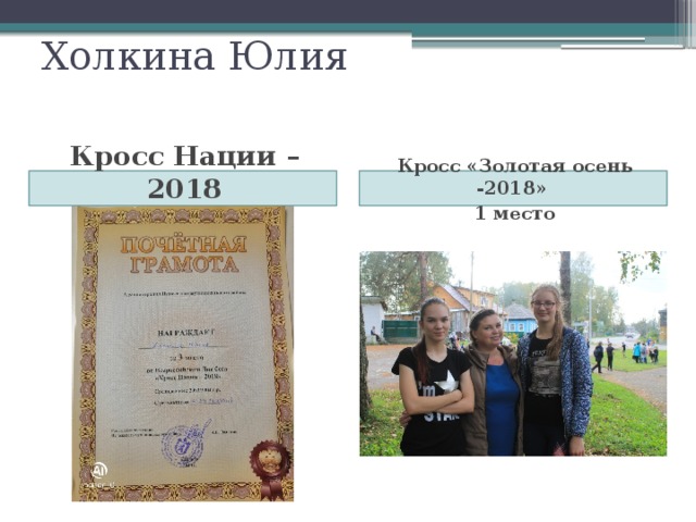 Холкина Юлия Кросс Нации – 2018 Кросс «Золотая осень -2018» 3 место 1 место 