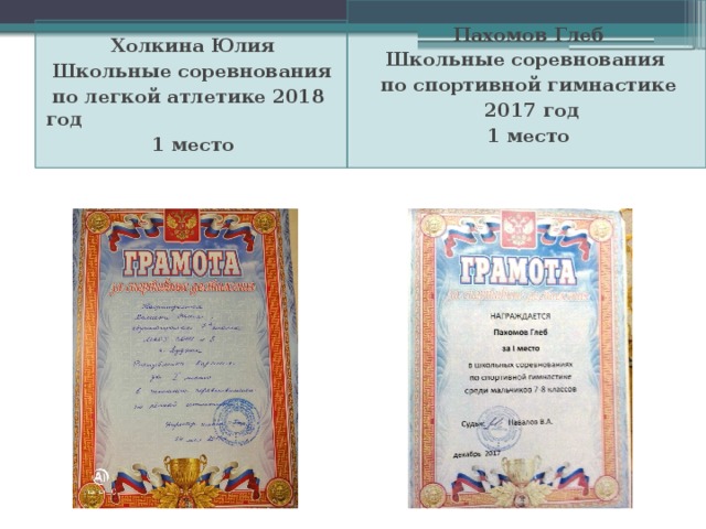 Пахомов Глеб Школьные соревнования по спортивной гимнастике  2017 год 1 место Холкина Юлия  Школьные соревнования  по легкой атлетике 2018 год 1 место 
