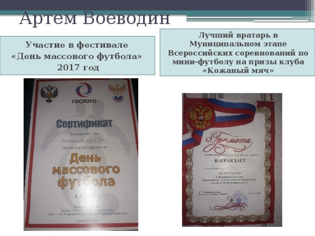 Артем Воеводин Лучший вратарь в Муниципальном этапе Всероссийских соревнований по мини-футболу на призы клуба «Кожаный мяч» Участие в фестивале «День массового футбола» 2017 год 