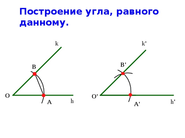 Построение угла, равного данному. k k ' B' B O O' h h ' A A' 