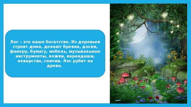 Лес – это наше богатство. Из деревьев строят дома, делают бревна, доски, фанеру, бумагу, мебель, музыкальные инструменты, ложки, карандаши, лекарства, спички. Лес рубят на дрова. 