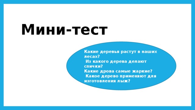 Мини-тест Какие деревья растут в наших лесах?  Из какого дерева делают спички? Какие дрова самые жаркие?  Какое дерево применяют для изготовления лыж? 
