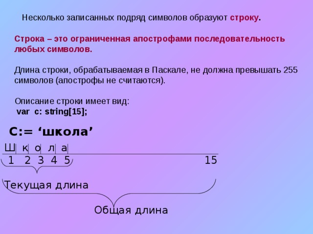 Несколько записанных подряд символов образуют строку .  Строка – это ограниченная апострофами последовательность любых символов. Длина строки, обрабатываемая в Паскале, не должна превышать 255 символов (апострофы не считаются). Описание строки имеет вид:  var с :  string[ 15 ];  С := ‘ школа ’ Ш к о л а  1 2 3 4 5  15 Текущая длина  Общая длина 