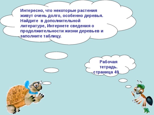 Интересно, что некоторые растения живут очень долго, особенно деревья. Найдите в дополнительной литературе, Интернете сведения о продолжительности жизни деревьев и заполните таблицу. Рабочая тетрадь. страница 49 