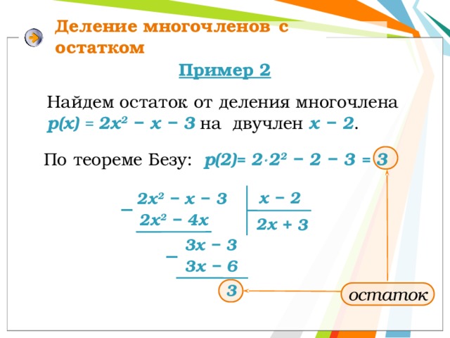Деление многочленов  с остатком Пример 2 Найдем остаток от деления многочлена р(х) = 2х 2 − х − 3  на двучлен х − 2 .  По  теореме Безу: р(2) = 2  2 2 − 2 − 3 = 3  х − 2 2х 2 − х − 3 − 2х 2 − 4х 2х + 3 3х −  3 − 3х − 6 3 остаток 