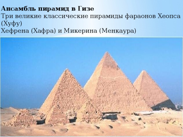 Ансамбль пирамид в Гизe Три великие классические пирамиды фараонов Хеопса (Хуфу) Хефрена (Хафра) и Микерина (Менкаура) 