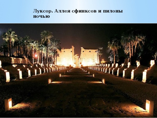 Луксор. Аллея сфинксов и пилоны ночью 