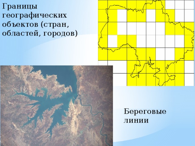 Границы географических объектов (стран, областей, городов) Береговые линии 