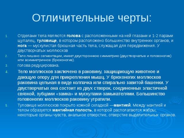 Отличительные черты: Отделами тела являются голова с расположенными на ней глазами и 1-2 парами щупалец, туловище , в котором расположено большинство внутренних органов, и нога — мускулистая брюшная часть тела, служащая для передвижения. У двустворчатых моллюсков Тело лишено сегментации, имеет двустороннюю симметрию (двустворчатые и головоногие) или асимметричное (брюхоногие). голова редуцирована. Тело моллюсков заключено в раковину, защищающую животное и дающую опору для прикрепления мышц. У брюхоногих моллюсков раковина цельная в виде колпачка или спирально завитой башенки. У двустворчатых она состоит из двух створок, соединенных эластичной связкой, зубцами «замка» и мускулами-замыкателями. Большинство головоногих моллюсков раковину утратили. Туловище моллюсков покрыто кожной складкой — мантией . Между мантией и телом образуется мантийная полость , в которой располагаются жабры, некоторые органы чувств, анальное отверстие, отверстие выделительных органов. 
