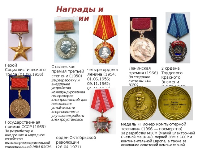 Награды и премии Герой Социалистического Труда (01.06.1956) Сталинская премия третьей степени (1950) За разработку и внедрение устройства компаундирования генераторов электростанций для повышения устойчивости энергосистем и улучшения работы электроустановок Ленинская премия (1966) За создание системы «А» (ПРО) 2 ордена Трудового Красного Знамени (16.05.1947; 23.02.1957) четыре ордена Ленина (1954; 01.06.1956; 09.11.1962; 01.11.1972) Государственная премия СССР (1969) За разработку и внедрение в народное хозяйство высокопроизводительной универсальной ЭВМ БЭСМ-6 медаль «Пионер компьютерной техники» (1996 — посмертно) За разработку МЭСМ (Малой Электронной Счётной Машины), первой ЭВМ в СССР и континентальной Европе, а также за основание советской компьютерной промышленности. орден Октябрьской революции (26.04.1971) 