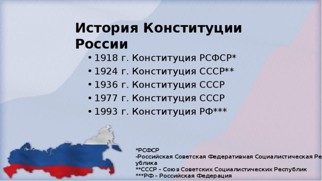 История Конституции России 1918 г. Конституция РСФСР* 1924 г. Конституция СССР** 1936 г. Конституция СССР 1977 г. Конституция СССР 1993 г. Конституция РФ*** *РСФСР -Российская   Советская   Федеративная   Социалистическая   Республика  **СССР – Союз Советских Социалистических Республик  ***РФ – Российская Федерация 