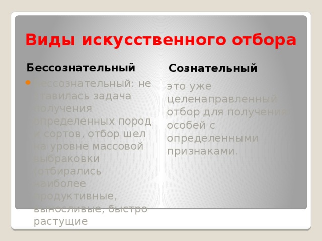  Виды искусственного отбора Бессознательный Сознательный Бессознательный: не ставилась задача получения определенных пород и сортов, отбор шел на уровне массовой выбраковки (отбирались наиболее продуктивные, выносливые, быстро растущие это уже целенаправленный отбор для получения особей с определенными признаками. 