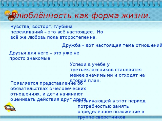 Влюблённость как форма жизни. Чувства, восторг, глубина переживаний – это всё настоящее. Но всё же любовь пока второстепенна. Дружба – вот настоящая тема отношений. Друзья для него – это уже не просто знакомые Успехи в учёбе у третьеклассников становятся менее значимыми и отходят на второй план. Появляется представление об обязательствах в человеческих отношениях, и дети начинают оценивать действия друг друга Возникающей в этот период потребностью занять определённое положение в группе сверстников 