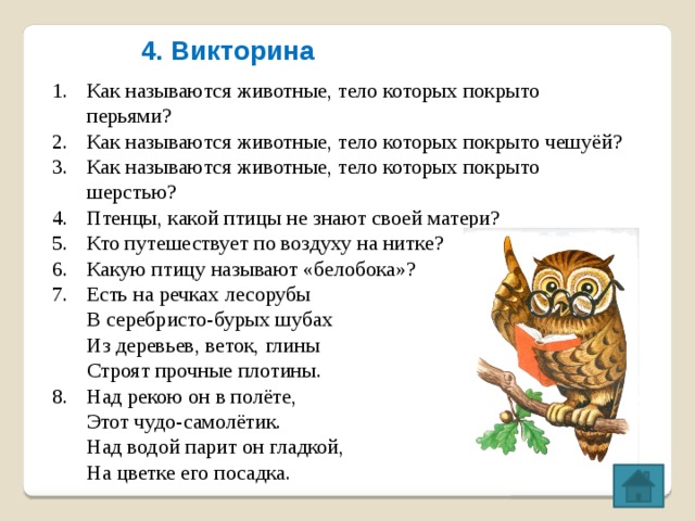 4. Викторина Как называются животные, тело которых покрыто перьями? Как называются животные, тело которых покрыто чешуёй? Как называются животные, тело которых покрыто шерстью? Птенцы, какой птицы не знают своей матери? Кто путешествует по воздуху на нитке? Какую птицу называют «белобока»? Есть на речках лесорубы  В серебристо-бурых шубах  Из деревьев, веток, глины  Строят прочные плотины. Над рекою он в полёте,  Этот чудо-самолётик.  Над водой парит он гладкой,  На цветке его посадка.   