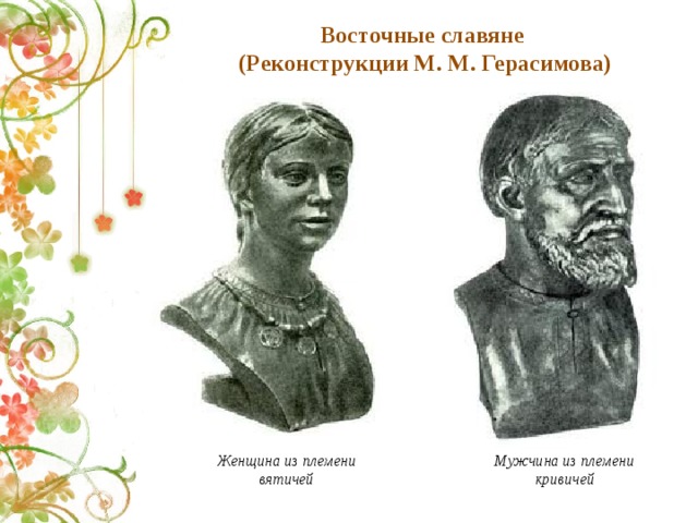 Восточные славяне (Реконструкции М. М. Герасимова) Женщина из племени вятичей Мужчина из племени кривичей 