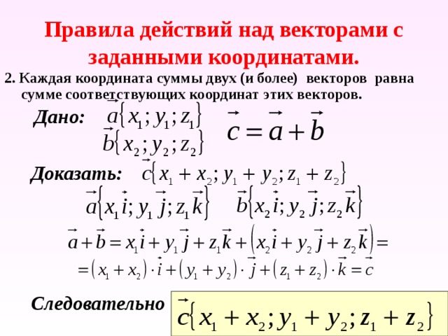 Правила действий над векторами с заданными координатами. 2. Каждая координата суммы двух (и более) векторов равна сумме соответствующих координат этих векторов. Дано: Доказать: Следовательно  