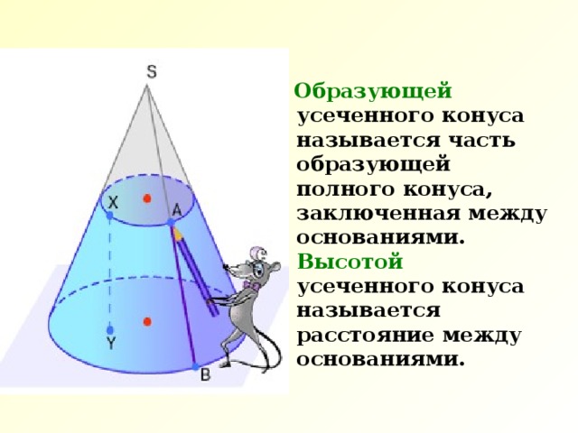  Образующей усеченного конуса называется часть образующей полного конуса, заключенная между основаниями. Высотой усеченного конуса называется расстояние между основаниями. 