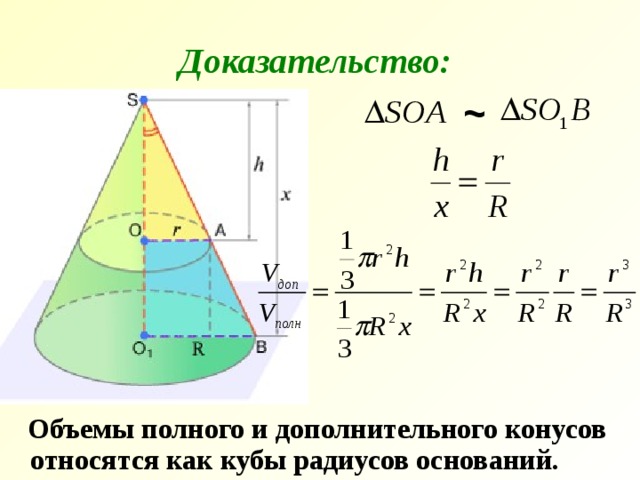 Доказательство: ~  Объемы полного и дополнительного конусов относятся как кубы радиусов оснований. 