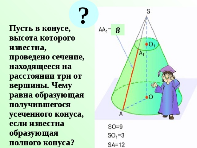 ?  Пусть в конусе, высота которого известна, проведено сечение, находящееся на расстоянии три от вершины. Чему равна образующая получившегося усеченного конуса, если известна образующая полного конуса? 8 