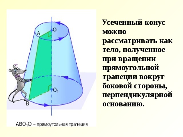  Усеченный конус можно рассматривать как тело, полученное при вращении прямоугольной трапеции вокруг боковой стороны, перпендикулярной основанию. 