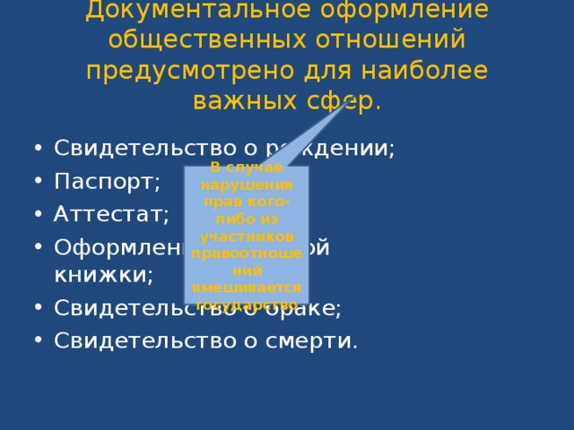 Документальное оформление общественных отношений предусмотрено для наиболее важных сфер. Свидетельство о рождении; Паспорт; Аттестат; Оформление трудовой книжки; Свидетельство о браке; Свидетельство о смерти. В случае нарушения прав кого-либо из участников правоотношений вмешивается государство 