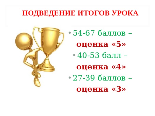  ПОДВЕДЕНИЕ ИТОГОВ УРОКА 54-67 баллов – оценка «5» 40-53 балл – оценка «4» 27-39 баллов – оценка «3» 