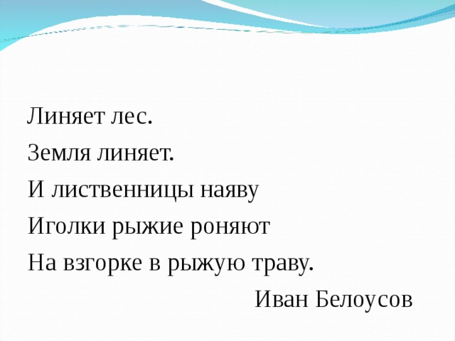 Линяет лес. Земля линяет. И лиственницы наяву Иголки рыжие роняют На взгорке в рыжую траву.  Иван Белоусов 