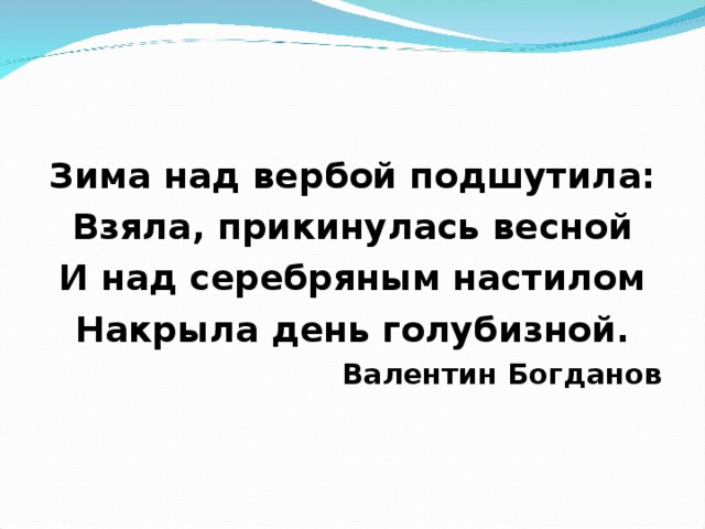 Зима над вербой подшутила: Взяла, прикинулась весной И над серебряным настилом Накрыла день голубизной. Валентин Богданов 