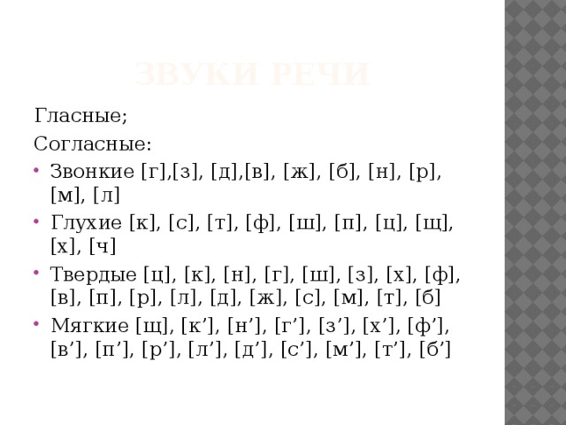 Звуки речи Гласные; Согласные: Звонкие [г],[з], [д],[в], [ж], [б], [н], [р], [м], [л] Глухие [к], [с], [т], [ф], [ш], [п], [ц], [щ], [х], [ч] Твердые [ц], [к], [н], [г], [ш], [з], [х], [ф], [в], [п], [р], [л], [д], [ж], [с], [м], [т], [б] Мягкие [щ], [к’], [н’], [г’], [з’], [х’], [ф’], [в’], [п’], [р’], [л’], [д’], [с’], [м’], [т’], [б’] 