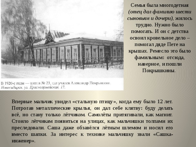 Семья была многодетная (отец дал фамилию шести сыновьям и дочери) , жилось трудно. Нужно было помогать. И он с детства освоил кровельное дело – помогал дяде Пете на крышах. Ремесло это было фамильным : отсюда, наверное, и пошли Покрышкины. Впервые мальчик увидел «стальную птицу», когда ему было 12 лет. Потрогав металлические крылья, он дал себе клятву : буду делать всё, но стану только лётчиком. Самолёты притягивали, как магнит. Стоило лётчикам появиться на улицах, как мальчишки толпами их преследовали. Саша даже обзавёлся лётным шлемом и носил его вместо шапки. За интерес к технике мальчишку звали «Сашка-инженер». 