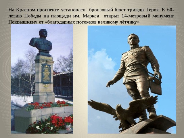На Красном проспекте установлен бронзовый бюст трижды Героя. К 60-летию Победы на площади им. Маркса открыт 14-метровый монумент Покрышкину от «благодарных потомков великому лётчику».   