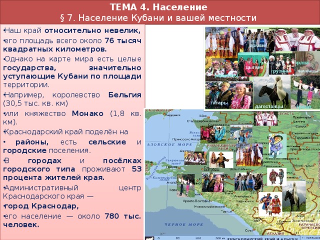 ТЕМА 4. Население  § 7. Население Кубани и вашей местности Наш край относительно невелик, его площадь всего около 76 тысяч квадратных километров. Однако на карте мира есть целые государства, значительно уступающие Кубани по площади территории. Например, королевство Бельгия (30,5 тыс. кв. км) или княжество Монако (1,8 кв. км). Краснодарский край поделён на  районы, есть сельские и городские поселения. В городах и посёлках городского типа проживают 53 процента жителей края. Административный центр Краснодарского края — город Краснодар, его население — около 780 тыс. человек. 