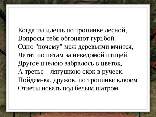 Когда ты идешь по тропинке лесной,  Вопросы тебя обгоняют гурьбой.  Одно 